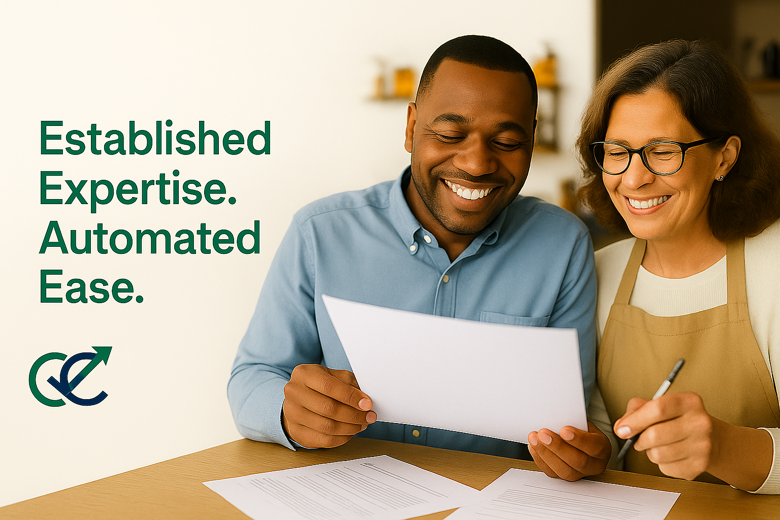 Two smiling business owners reviewing documents